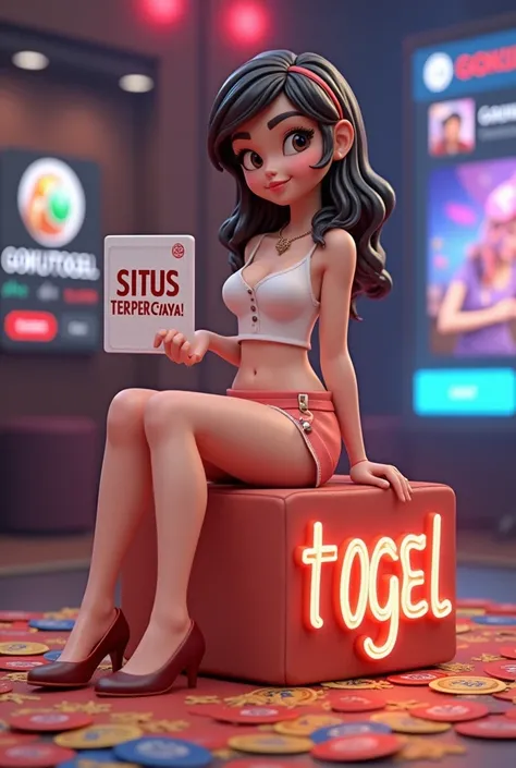 1. Create a 3D illustration of an very realistic animated character and very detailed sitting casually on top of a GOKUTOGEL logo “GOKUTOGEL”. The character must wear casual clothing such as tank top, mini skirt and high heels, The character holding a sign...