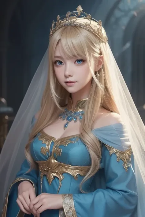   blond woman、 blond woman in a blue dress with a veil and veil on her head,  Beautiful Fantasy Maiden , 詳細な   fantasy art  ,  美しい   fantasy art   , blonde princess, Artgerm on ArtStation Pixiv, Beautiful maiden, (( beautiful fantasy empress)), 2. 5 d cgiア...