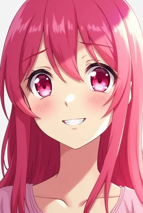 Create an anime-style woman who looks 30-35 years old . The hair is long and bright pink. Her eyes are also pink . in the portrait. it should be visible on the face, that she is happy . 