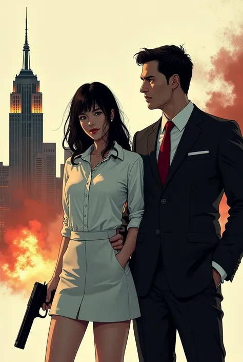 make me a cover for an action novel, with the main image of a 32-year-old black haired young woman with a standby attitude using an office shirt with a white color work skirt, next to him a 37-year-old black haired young man in a black suit with a red tie ...