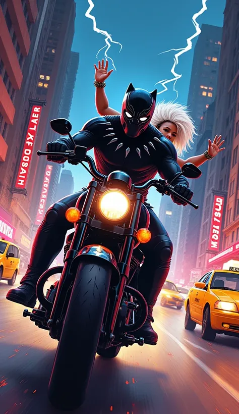 Create Black Panther and Storm Marvel on a Harley Davidson motorcycle in New York City illuminated by city lights, the image has the three primary colors 