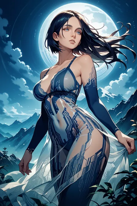 ( High quality , ultra detailed, careful with hand ) The character Cortana.  curvy with thick thighs , long hair , transparent dress , lace lingerie , on a mountain at night with wind , whole body, moonlight, gentle breeze