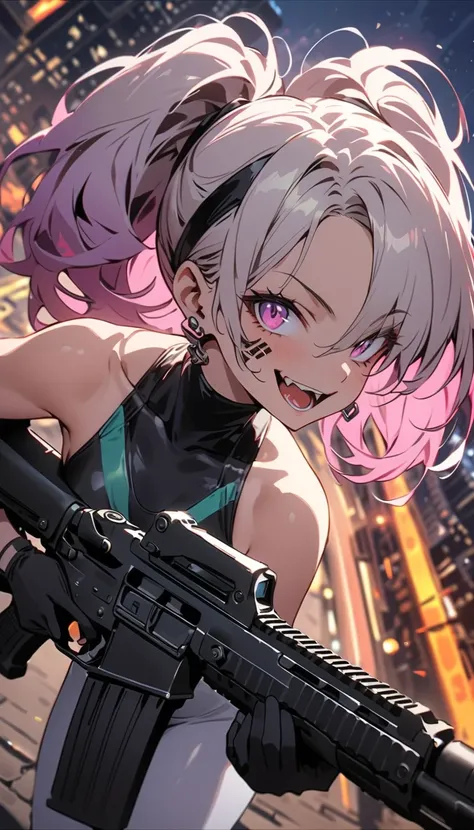 ( Beautiful Girls : 1.3), 1 girl,( black competitive swimsuit, turtleneck,White leggings,headband, earrings,belt,Harness,Long gloves, boots,Assault rifle),Blonde, black hair, tea hair, Silver Hair, red hair,Blue Hair,Green Hair,Pink hair,Purple Hair, ponyt...