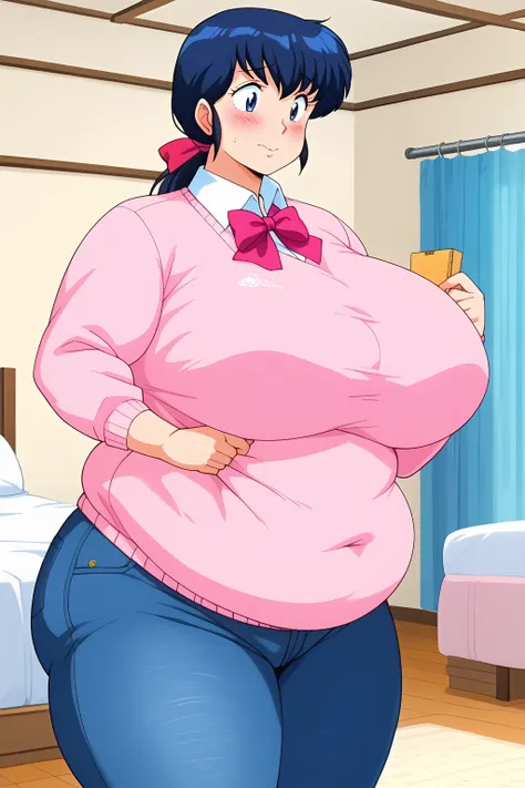 Otonashi Kyoko, long hair、紺色の髪、low ponytail, pink hairribbon、Dark blue eyes、 pink sweater 、Blue jeans 、white shirt, collared shirt,gigantic breasts,enormous breasts,Sloppy belly fat,bedroom, troubled expression, embarrassed expression ,blush,milf,Severe ob...