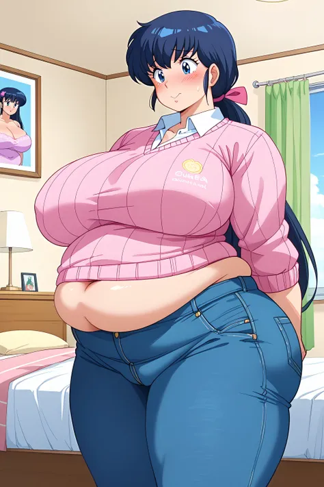 Otonashi Kyoko, long hair、紺色の髪、low ponytail, pink hairribbon、Dark blue eyes、 pink sweater 、Blue jeans 、white shirt, collared shirt,gigantic breasts,enormous breasts,Sloppy belly fat,bedroom, troubled expression, embarrassed expression ,blush,milf,Severe ob...