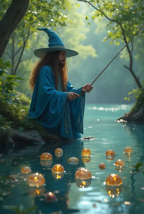 The wizard man is fishing, brown hair, blue dress, in nature and 8 coins in water, crystal fruits