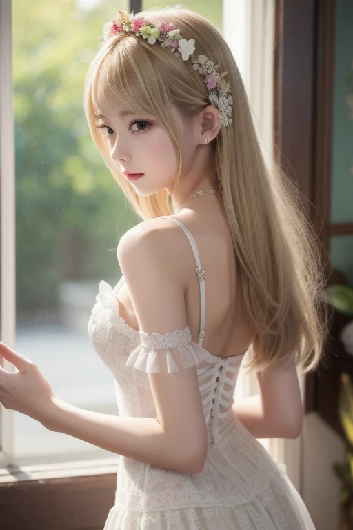  best quality , high definition ,Masterpiece, more details,illustration,Blonde ,  hair ornament,stand, indoor,  unbelievable_  ridiculous , 1 girl, medium bust , nose brush  , realistic, long hair,summer_ dress,  garter strap  ,Bishoujo Town ,Waving SV98