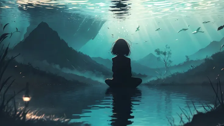 Anime, silhouette, 1 girl sitting underwater, cloud,  outdoor , , ,  city lights ,  blue sky,  skyline,,Awakening,In nature,Mountain, couple