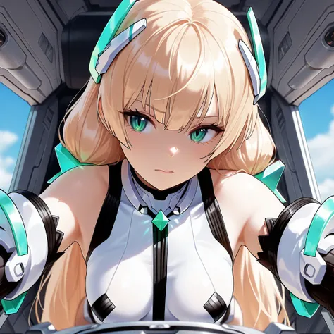 1girl,　Angela Balzac, Expelled from Paradise, small breast, newest, very aesthetic, (masterpiece:1.2), best quality, very aesthetic, sensitive, intricate, intricate details, in cockpit, leaning forward, looking forward,