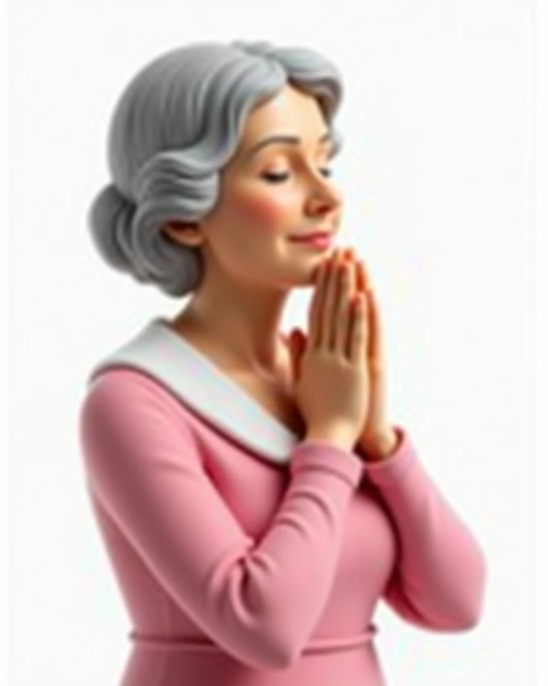 Realistic style. The figure's features are clear and standard. A middle-aged woman in England wearing a pink dress, with her hands folded and crossed and clasped, tilting her head and closing her eyes, presenting a very reverent attitude. Background white.