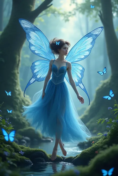 Mythical blue fairy in the forest with blue butterflies 