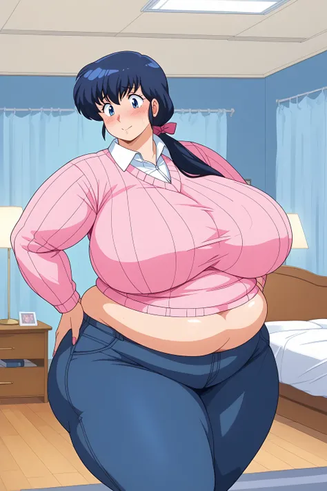 Otonashi Kyoko, long hair、紺色の髪、low ponytail, pink hairribbon、Dark blue eyes、 pink sweater 、Blue jeans 、white shirt, collared shirt,gigantic breasts,enormous breasts,Sloppy belly fat,bedroom, troubled expression, embarrassed expression ,blush,milf,Severe ob...