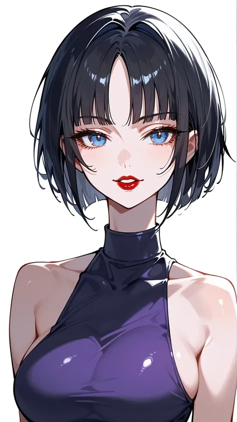 Artwork,,,,back view,adult female,single woman,alone,dark gray and black hair,short blunt bangs,short hair,long parted bangs,bob cut,grey blue eyes,half closed eyes,devilish smile,red lipstick,full lips,expressionless,pale skin,large breasts,tight purple s...