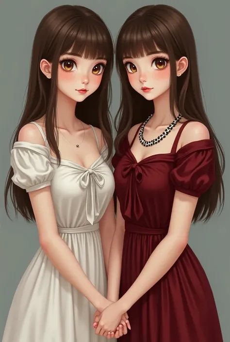  She must be realistic twins with fair skin and light brown eyes the first woman must have straight long brown hair with fringe tied at the front and wear a white dress with short sleeves and a round and short skirt must be with her hands together, And the...