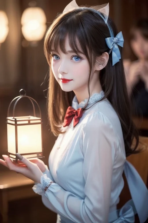 ( very delicate and beautiful: 1.2),  1 girl, bangs, blue eyes, Blur, Blur background, bow,  tea hair, shut up, Side View,  hair between eyes , hair bow,  lantern,  light particles,   long sleeve ,  watch the audience,  medium hair ,   knight , red bow, Al...