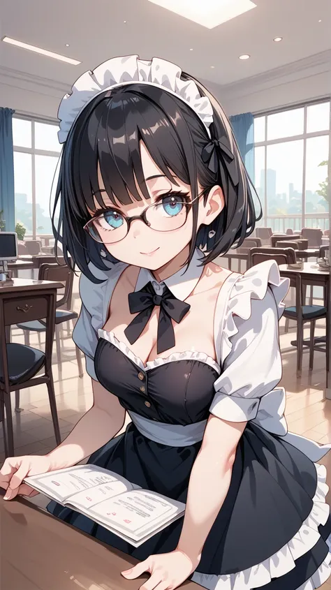 Black hair, glasses, maid uniform, basement