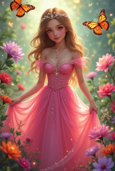  Illustration of a beautiful little princess in a beautiful shimmering and bright pink dress, surrounded by beautiful butterflies and colorful and sparkling flowers .