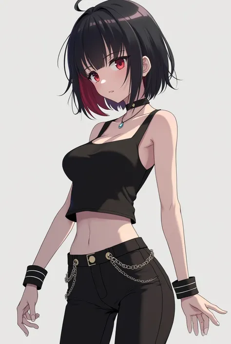 1 anime girl (appearance: Short black hair with reddish locks, pale skin) (Clothes: Sleeveless short black top,  bracelets , black pants with chains) 2d, anime 8K, High details,  high definition , HD model