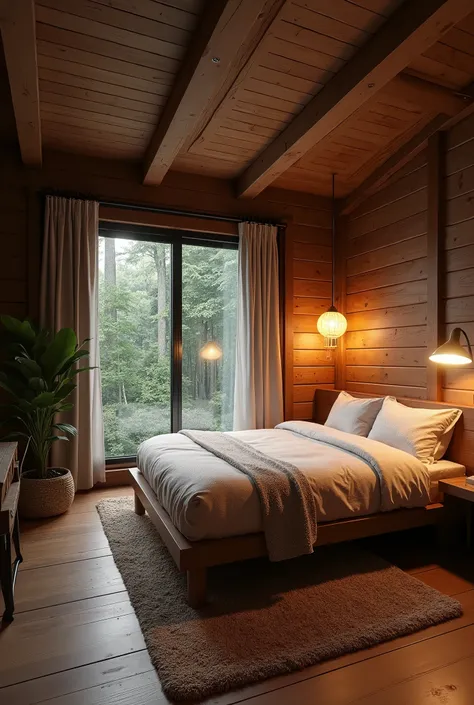 Double room, rustic,  with wooden walls, black window , cortina,  warm lighting ,  straight wood ceiling , double bed, lampshade, Mat, forest style