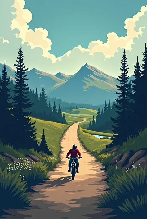 I need to create a logo for my YouTube channel, where you can see a road in the middle and a landscape in the background, Route 40 ,  a trail bike with the rider and under my Instagram mess_Rider25 and the Legend "It's like the weather, Never stop"