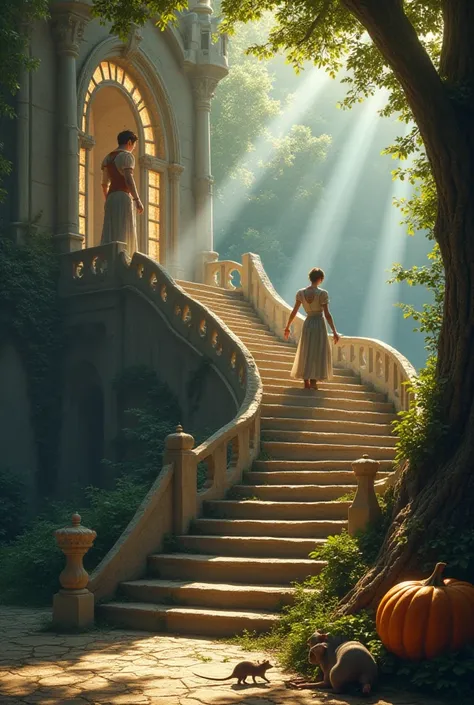 ((RAW Фото), A scene from a fairy tale about Cinderella. At the top of the long staircase of the fairy-tale castle, a handsome prince stands smartly and festively dressed and holds in his hands a crystal slipper that Cinderella lost. Cinderella herself is ...