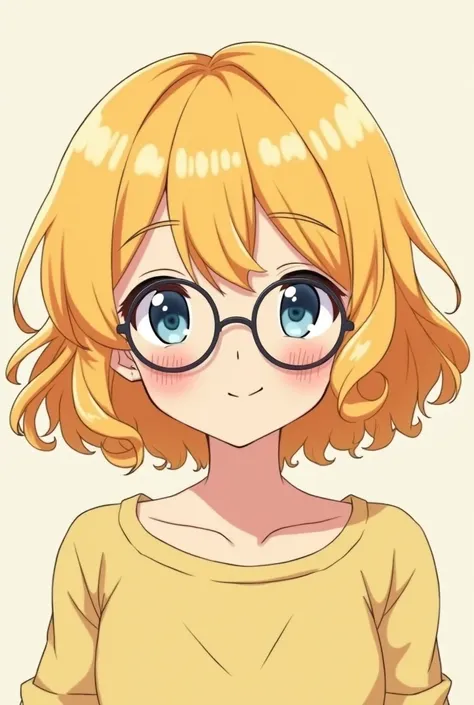 Blonde curly bob hair anime girl who wear round glasses