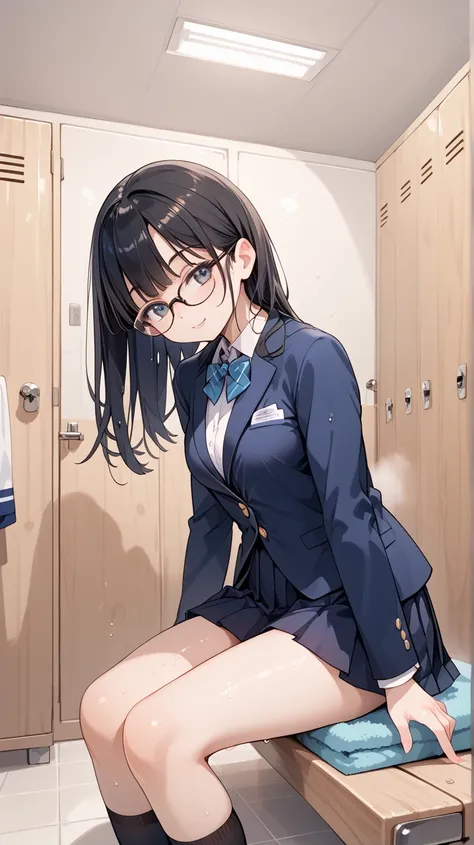 Black hair, glasses, blazer, pleated skirt, changing room, sweaty, soaking wet