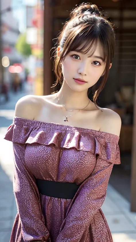  body、Full body Esbian、Slouching、Very small waist、(very big breasts:1.3)、ponytail、plump thighs、natural skin、Extra-fine face、 extra thin hands, Very thin fingers, Best ratio、surreal, ((cute dress、Exposing too much skin、off shoulder、The length is short and t...