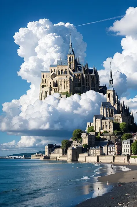  best image quality、Clear photos、8k、 Mont-Saint-Michel、blue sky、Cumulonimbus