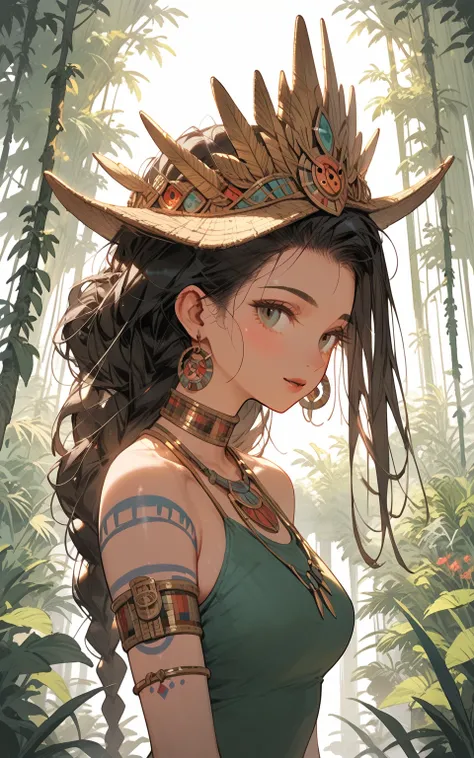 Ruler of the Jungle"
 prompt : "Hyper-detailed nano-textured Amazon queen in 8K resolution, showcasing intricate tribal tattoos and vibrant feathered headdress. The scene features a lush rainforest throne room with exotic animals as guardians, all rendered...