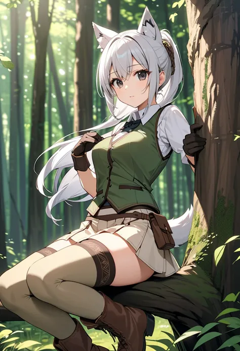 (masterpiece, best quality),source_anime,Medieval European style. Medieval European field forest. archer in the forest. She is crouching on a tree branch, has a bow. Traditional forest tribe clothing. BREAK (15yo,cute,silver hair,sleek ponytail,black eyes,...