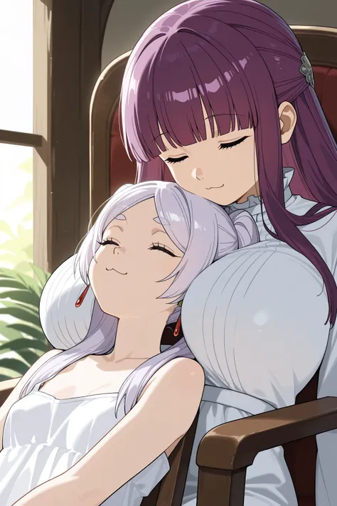 safe_pos, masterpiece, best quality, newest, highres, absurdres, 2girls,  
BREAK
(frieren, closed eyes, (small breast:1.3), cute, :3, sitting on chair, head on another's breasts)
BREAK
(fern, big breasts, purple hair, purple eyes, big breasts, upper body)