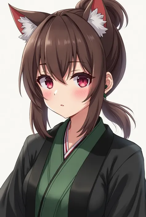 A girl with brown tied hair and bangs down, have wine red cat eyes, wearing demon slayer uniform and a black and green haori, wearing a black diamond shaped earrings. Looks so white and cute, but cold.