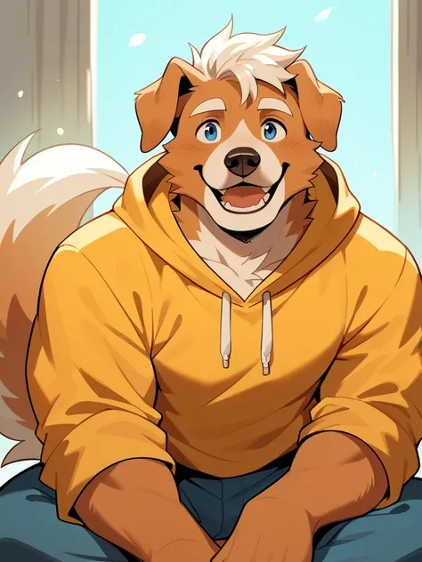 high quality, hires, by braeburned, furry, 1boy, solo, dog boy, st bernard dog, blue eyes, brown fur, white eyebrows, tail, happy, floppy ears, yellow hoodie, white hair, short hair, pants, two tone fur, muscular