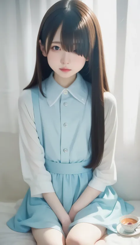 very realistic pictures, RAW photos , super realistic , film grain, One Girl , Alone, young girl, Emotionless, Viewers' viewing , up per body , ( long hair, tea hair , Short Bob , hair covering one eye , bangs:1.3), thin body, small breasts, ...