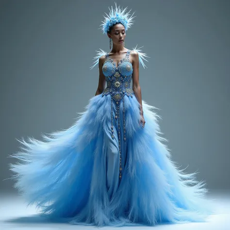 Suggest a south african pageant costume based on the blue crane. Make it more eyecatching and captivating while being high fashioned  and change the color to blue white of the stork feathers