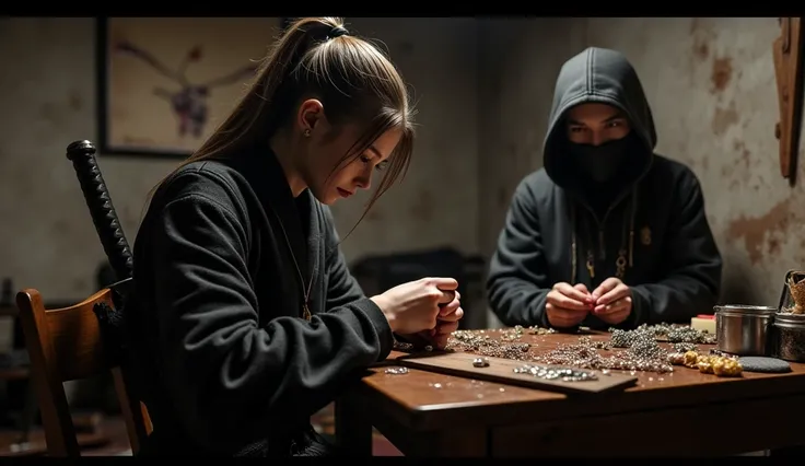  ninjas are making jewelry in the room of a 、A female ninja carrying a sword on her back is making jewelry。On the desk、A masked ninja with a ring 。写真品質、 high definition 、 more details、 ultra-realistic 。