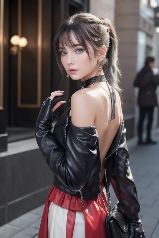  1 girl,   aqua eyes, return, bangs,  shoulder out, black  gloves, blue eyes,  braided ,  choker,  earrings, fingerless  gloves,  Male back  ,  gloves,  gray hair,  holding,  jacket ,   jewelry,  long hair,  stares at viewers, looking return,  nail polish ...