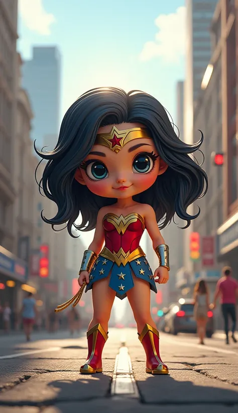 chibi girl in wonder woman costume, big head and big eyes in city scape background, 8k ultra hyper realistic