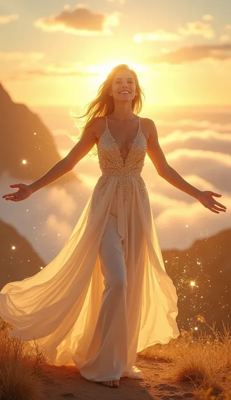  Elainne Ourives is portrayed at the apex of her journey ,  in a moment of full conquest and conquest absolute latitude . She is standing,  in the center of a stunning landscape ,  surrounded by a radiant golden light that seems to emanate from herself .  ...