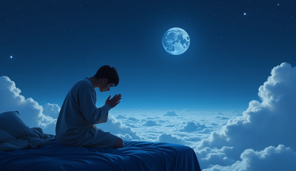 A PERSON on their knees praying on the edge of a NAVY BLUE BED ABOVE THE WHITE CLOUDS AND THE SKY FULL OF STARS, THE WANING MOON FOCUS ON THE PERSON PRAYING