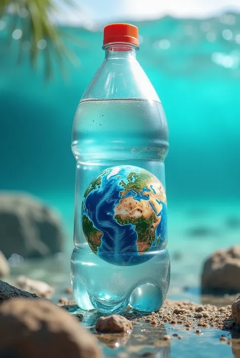 La Terre dans une bouteille de plastique avec le slogan « stop plastic, save pacific »