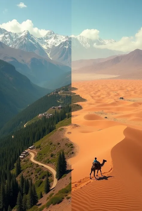 Split-screen displays the green Atlas Mountains on one side and the barren Sahara Desert on the other.