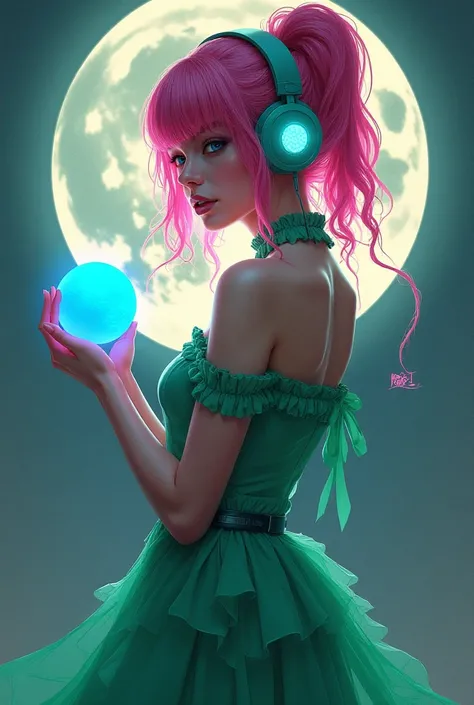 a woman with headphones and a pink hair is looking at the camera with a pink light on her face, Artgerm, computer art, cyberpunk style, cyberpunk arta woman in a green dress holding a green white red bundhe tratai in her hand with a full moon behind her an...