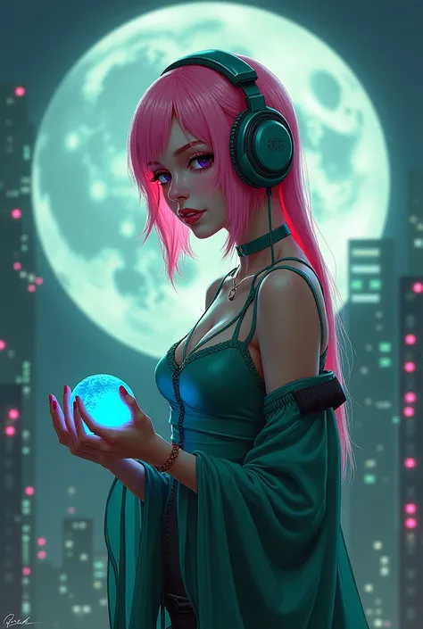 a woman with headphones and a pink hair is looking at the camera with a pink light on her face, Artgerm, computer art, cyberpunk style, cyberpunk arta woman in a green dress holding a green white red bundhe tratai in her hand with a full moon behind her an...