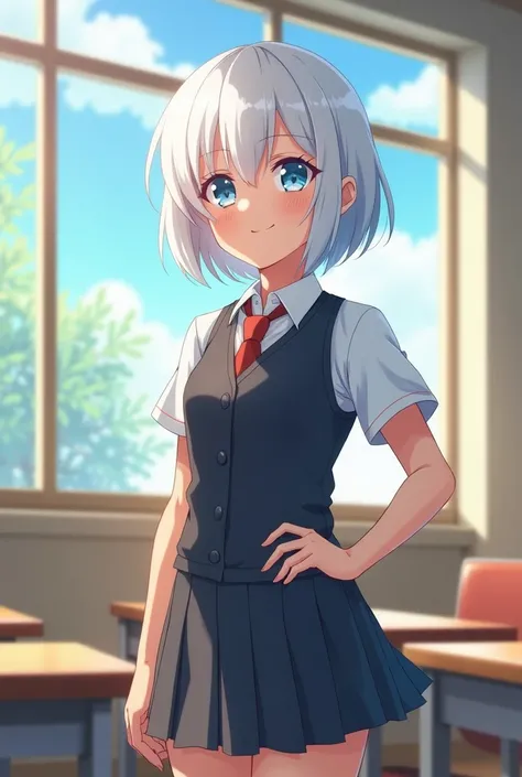 Anime girl, with short white hair, blue eyes, school uniform, charming, pretty, smiling, brave, tall, alone, in the classroom, in the morning , with books in her hand
