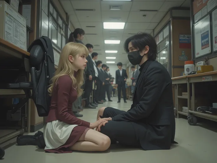  girl, sixteen years old,  driver with blond long hair and brown eyes , in a turtleneck , skirt and shirt, sits on the floor in the middle of the office hall and looks at the guy standing next to him in a black suit, in a black shirt, with a black mask all...