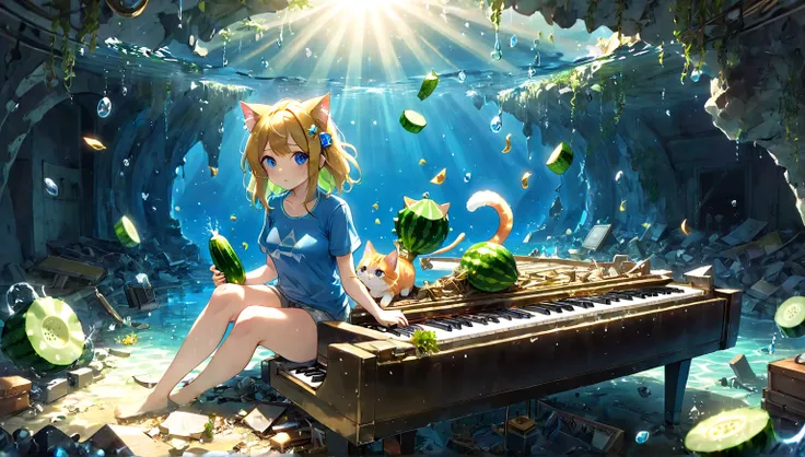 (Masterpiece,  best quality ,   very aesthetic,   ridiculous , general ) ,
 1 girl sitting underwater,  destroys classical pianos,Cat ears, Clear Eyes, artificial intelligence, Magical Rim, sad expression to tears, Beautiful girl holding a cucumber,  Mediu...