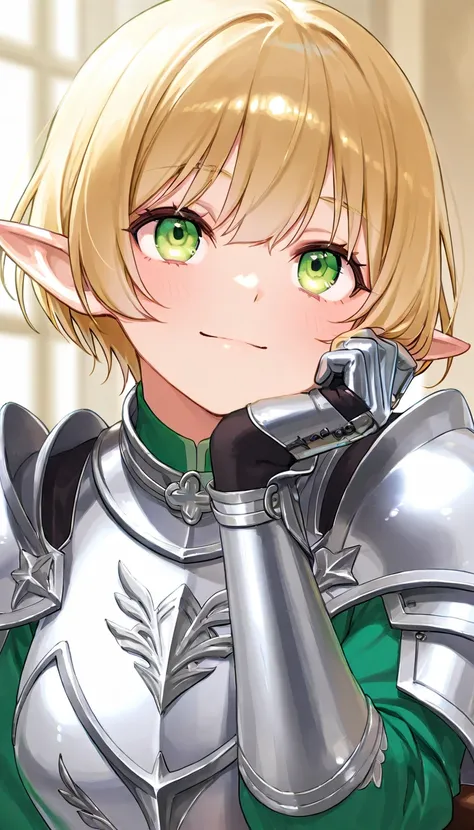 Bust、Masterpiece、 high resolution、 High Quality 、32K、( elf woman in her 20s、 blonde、 short hair while on a business trip、 green eyes、Shiny Silver, Noble Armor、Shoulder rest、tiny hand)、 smiles softly、looking up、Ramparts、( focusing on the upper body )