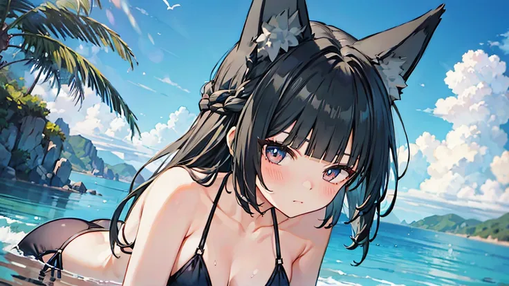  in ultra high quality、 Top Masterpieces、Masterpiece、 black hair short、blue eyes、sea、Black Bikini、Embarrassed face、 Sexy Poses、whole body、 Kemomimi、tail、 low angle、slender